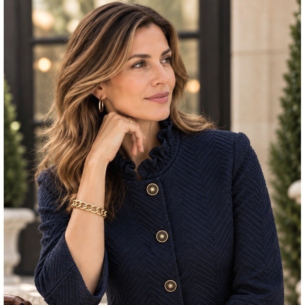 J McLaughlin Jacket Navy High Mock Neck Ruffled Collar Academia Old Money Medium